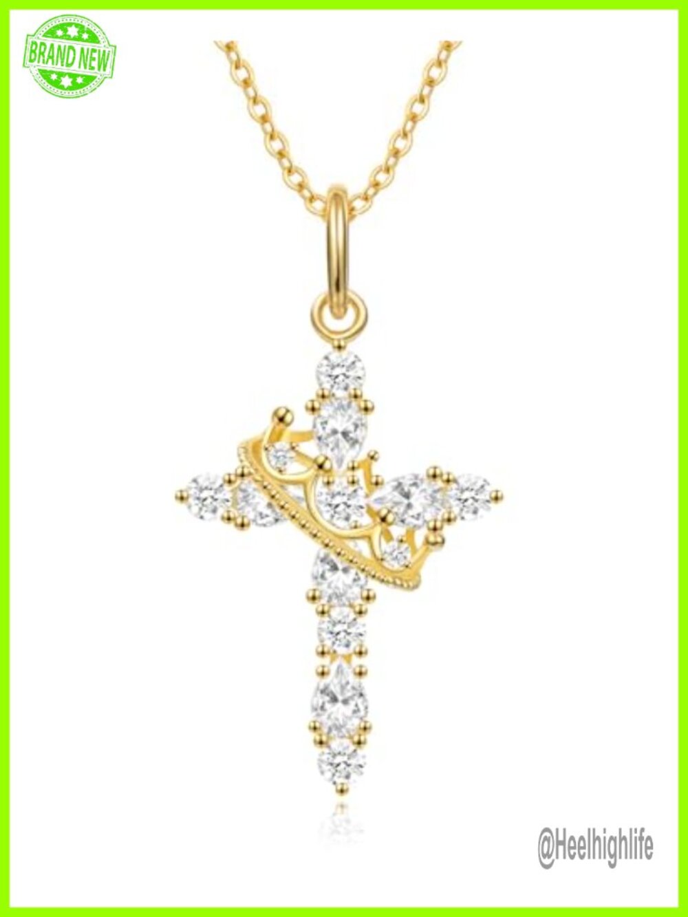 Crown Cross Necklace 925 Sterling Silver 14K Gold Plated CZ Pendant